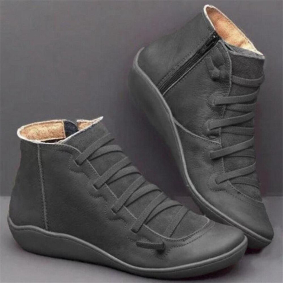 (gray, 36) Snow Boots  Women Winter Genuine Leather Ankle Spring Flat Shoes Woman Short Vintage Boots With Fur For Women Lace Up Boots