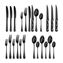 (Black) (Silver 24-piece set) Steak Knife and Fork Set, 24 Piece Stainless Steel Dinner Knife Set