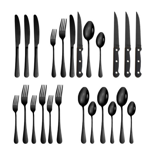 (Black) (Silver 24-piece set) Steak Knife and Fork Set, 24 Piece Stainless Steel Dinner Knife Set