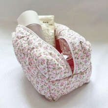 Floral Puffy Quilted Makeup Bag Large Travel Cosmetic Bag Rose Pink