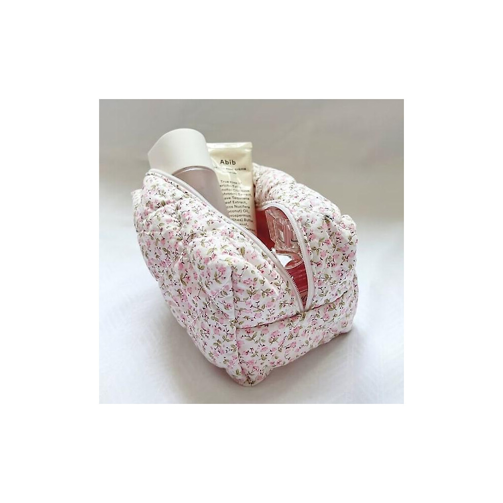 Pink Floral Puffy Quilted Makeup Bag Large Travel Cosmetic Bag Rose