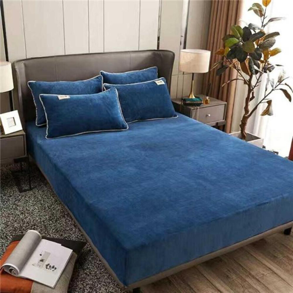 (blue, Bed sheet (90x200x25cm)) Winter Warm Solid Flannel Elastic Band Fitted Sheet Mattress Protector Cover Super Soft Cozy King Size Double Bed Bed Sheets No Pillowcase