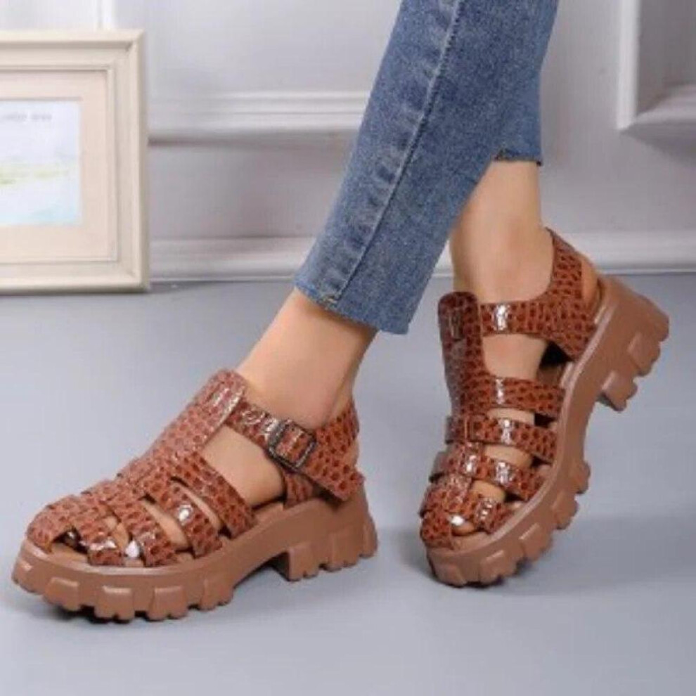(coffee, 37) Thick Sole Sandals Women Wrap Toe Hollow Outs Roman Sandalias Women Casual Beach Shoes Summer Platform Sandals Woman