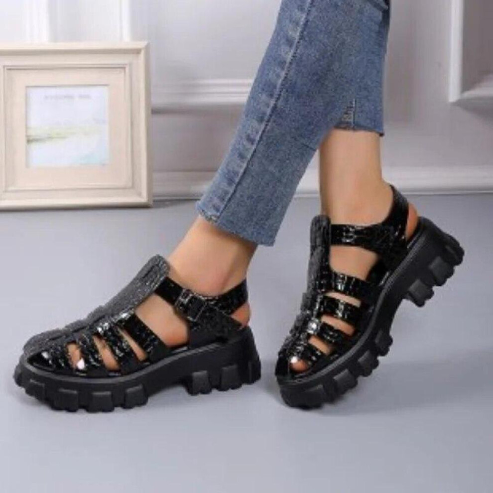 (black, 41) Thick Sole Sandals Women Wrap Toe Hollow Outs Roman Sandalias Women Casual Beach Shoes Summer Platform Sandals Woman