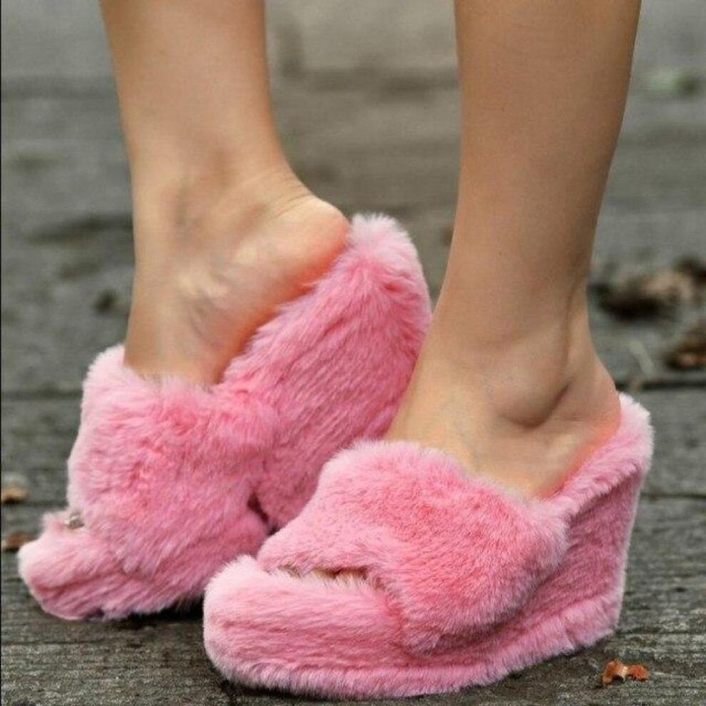 (pink, 42) Fashion Women Slippers Furry Fur Slides Home Color Fur Flops Fluffy Plush House Shoes Female Winter Warm Slope Heel Slippers