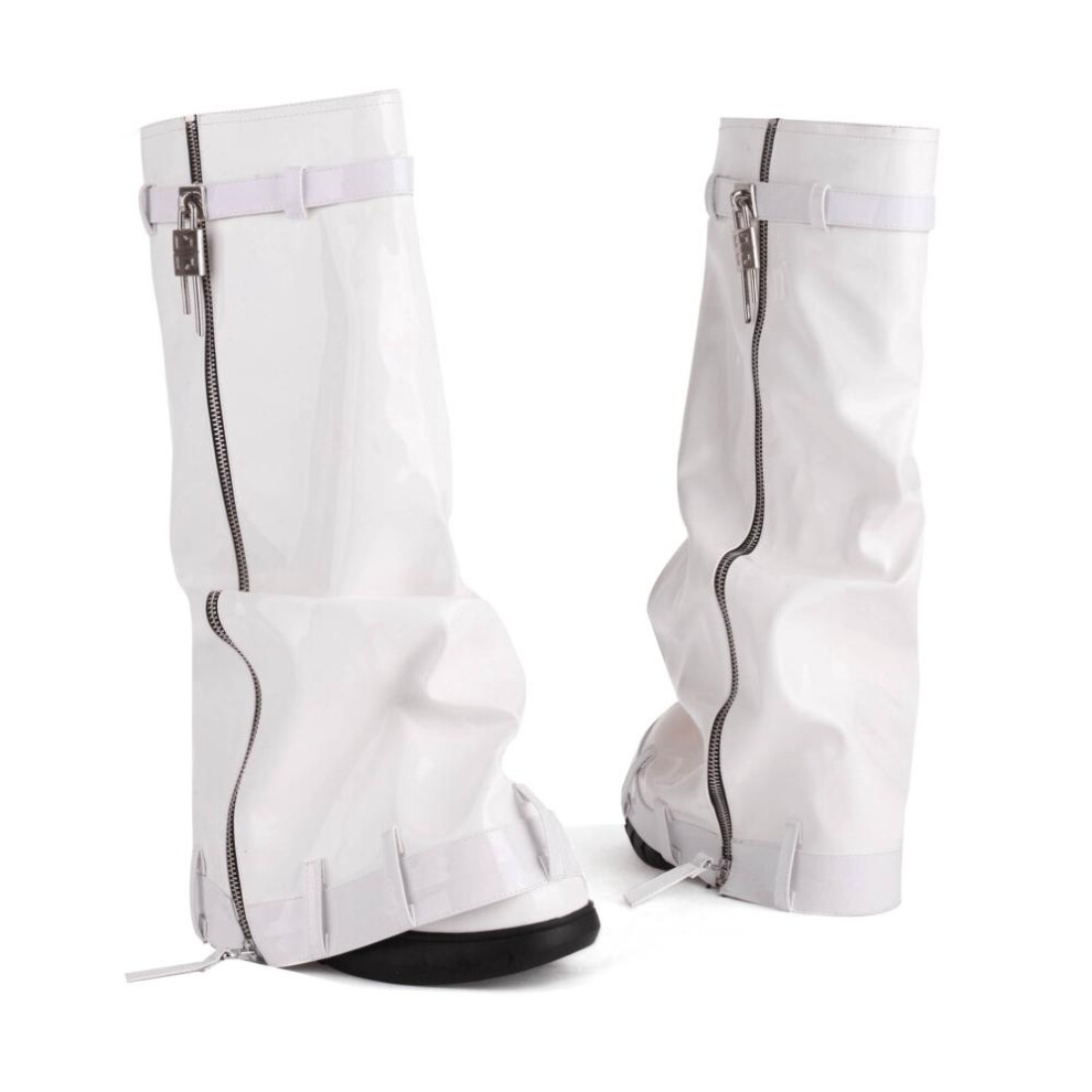 (white, 36) Krazing Pot Pu Leather Winter Shoes Big Size 48 Super High Heels Wedges Waterproof Strange Style Zipper Women Thigh High Boots