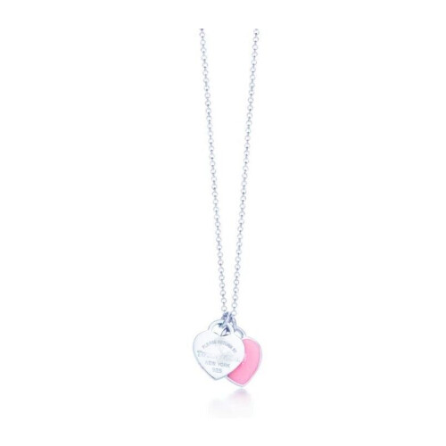 (Pink Enamel) Mini Double Heart Tag Pendant Necklace 925 silver