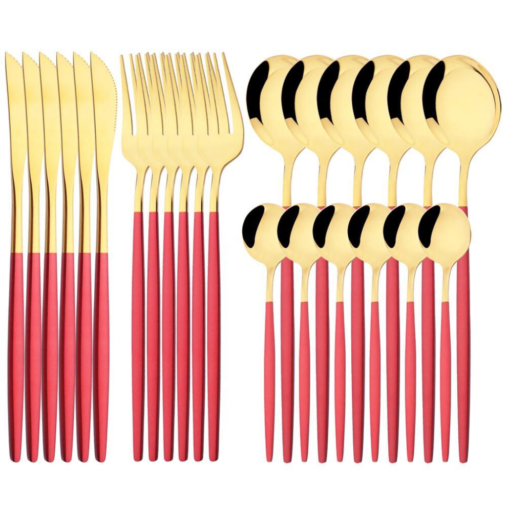 (red,gold, 24pcs With box) Luxury 24pcs Rose Gold Dinnerware Set Knife Fork Spoon Cutlery Set With Gift Box Stainless Steel Tableware Set Kitchen Flat