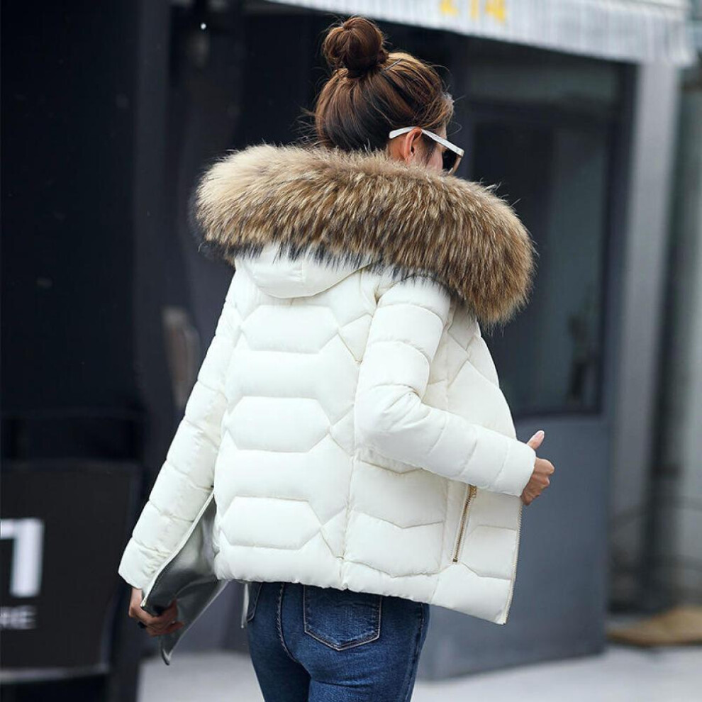 (white, M) Women Winter Warm Coat Fake Fur Collar Parka Down Solid Color Full Sleeve Long Thickening Warm Coat