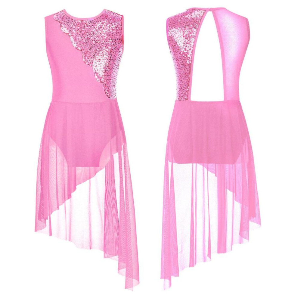 (pink, 9-10 Years) Kids Girls Sleeveless Round Neck Sequins Lyrical Dance Dress Irregular Hem Hollow Back Gymnastics Ballet Leotard Dress