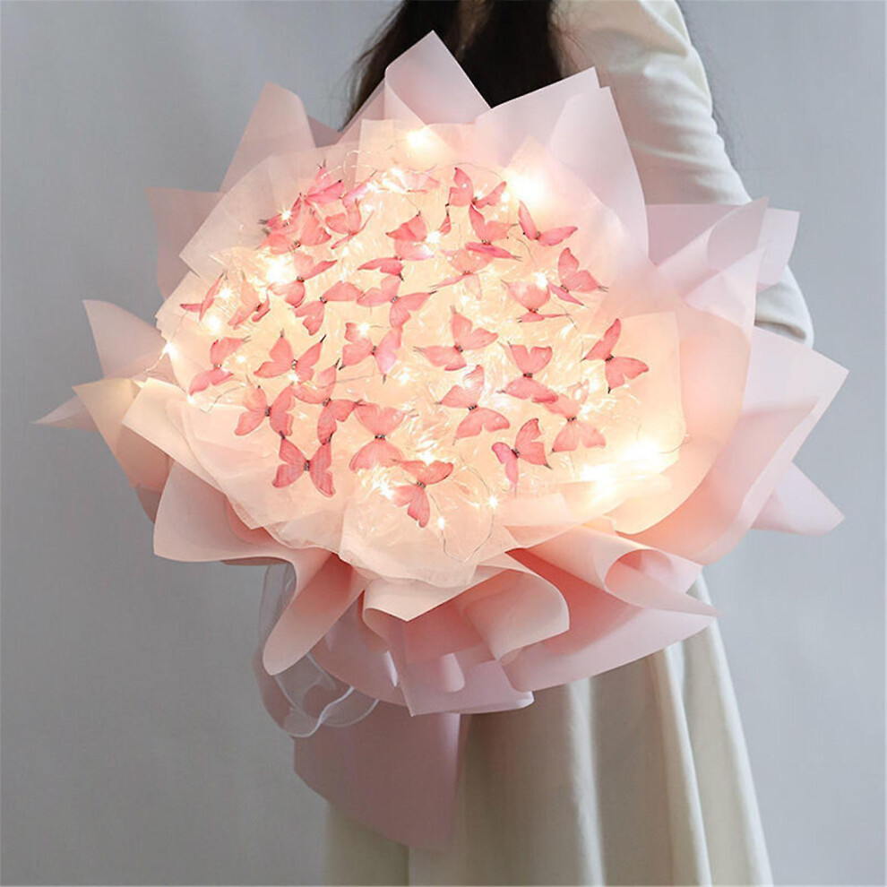 (Pink) New 33pc Butterflies Flower Bouquet Gift Set With Led Light Great Gift Ideas For Valentine's Day, Birthday, Anniversary, Engagement