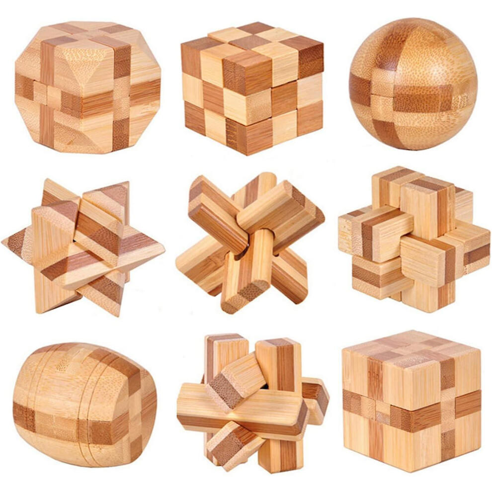 9 Pieces Wooden Brain Teaser, Brain Teaser Games, 3d Iq Puzzle Mini Wooden Brain Teaser, Mind Test Educational Game Intellectual Logic Classic Toy Gif