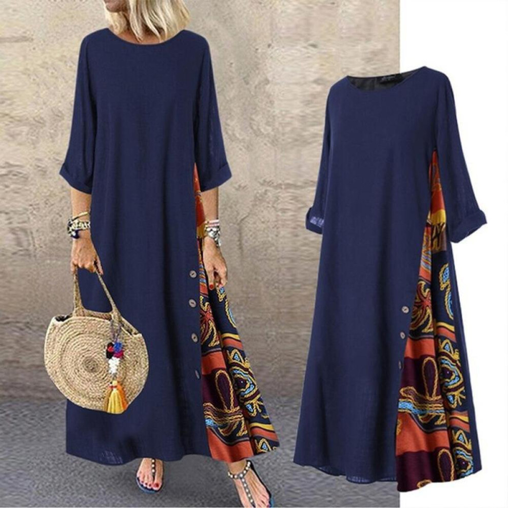 (dark blue, XL) Women&apos;s Fashion Casual Loose Big Swing Half Sleeve Floral Holiday Maxi Plus Size Longos Robe Vintage Flower Round Neck Contrast Long Dress