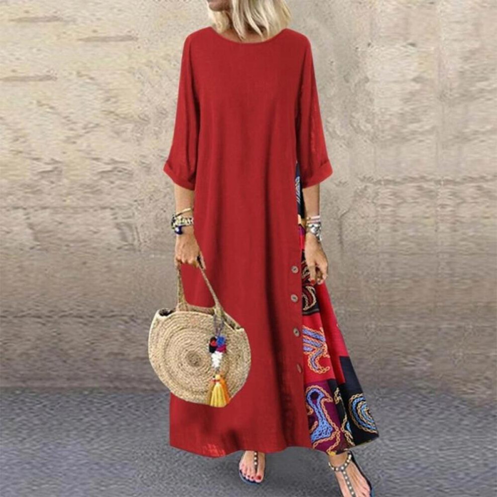 (red, 2XL) Women&apos;s Fashion Casual Loose Big Swing Half Sleeve Floral Holiday Maxi Plus Size Longos Robe Vintage Flower Round Neck Contrast Long Dress