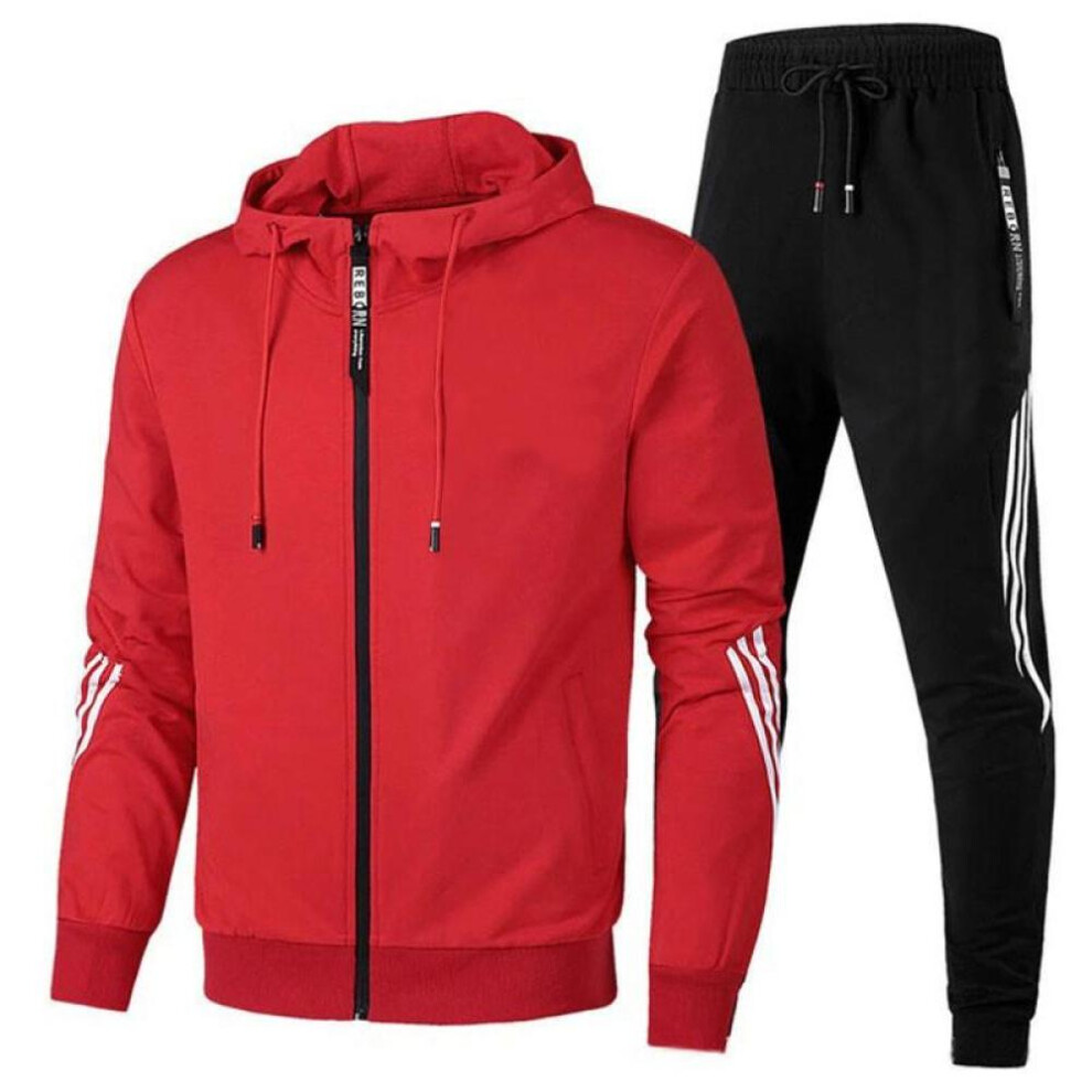 (red, XL) Large Size Men&apos;s Autumn And Winter Fashion Casual Tracksuit Set Jacket Sweatpants 2 Pcs Sets