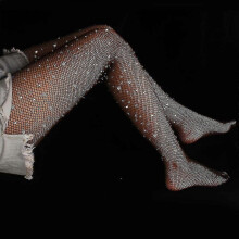 (Black) Women Sexy Hollow Out Fishnet Pantyhose Glitter Rhinestone Diamond Embellished Slim Mesh Tights See-through Net Stockings Party Clubwear