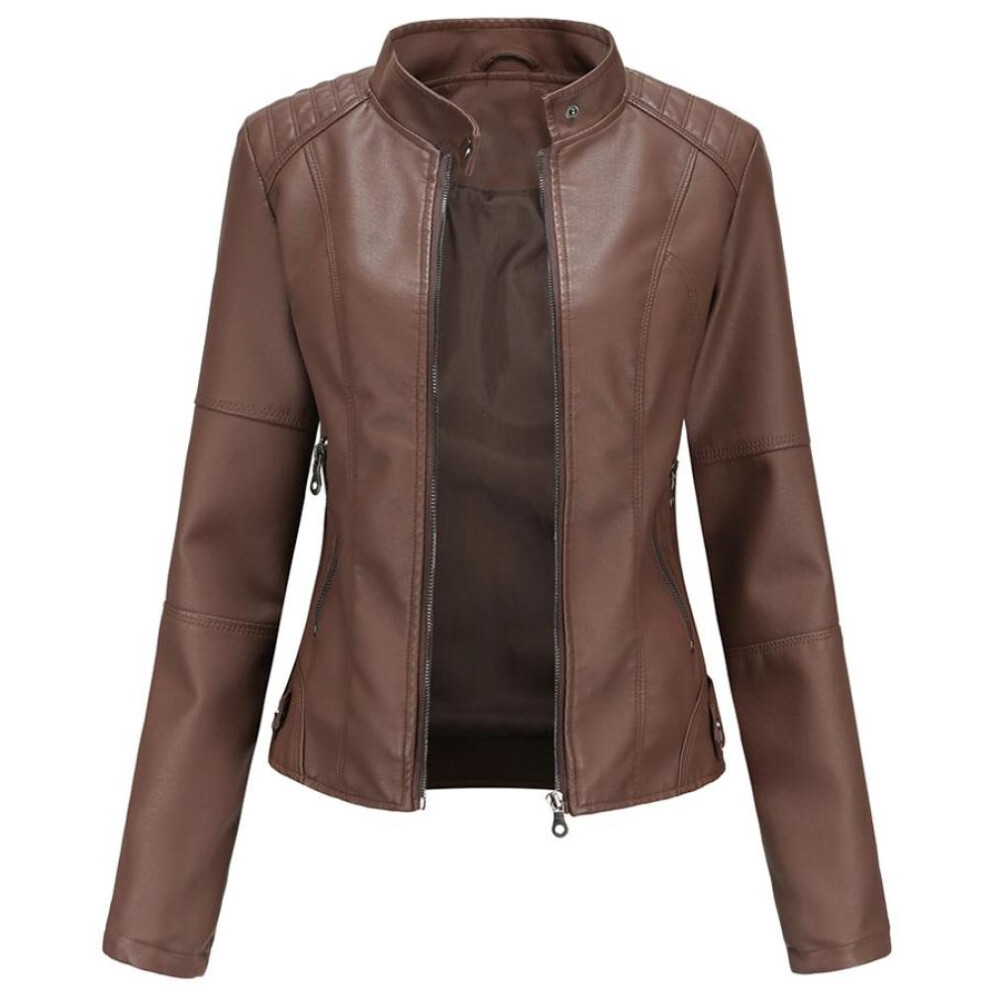 (brown, S) Women Faux Leather Biker Jacket Pu Motorcycle Casual Zip Up Slim Coat Cropped Racer Moto Bomber Outerwear Plus Size S-4xl Oversized Fashion New