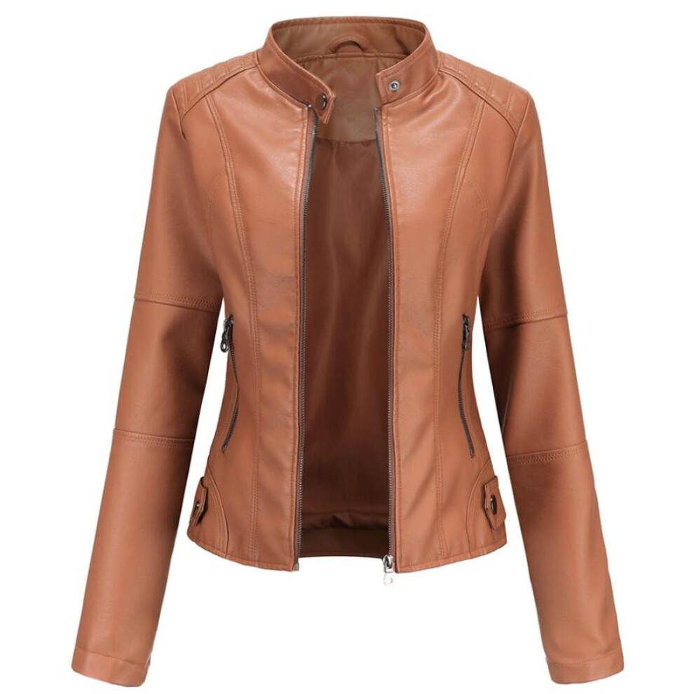 (camel, 2XL) Women Faux Leather Biker Jacket Pu Motorcycle Casual Zip Up Slim Coat Cropped Racer Moto Bomber Outerwear Plus Size S-4xl Oversized Fashion New