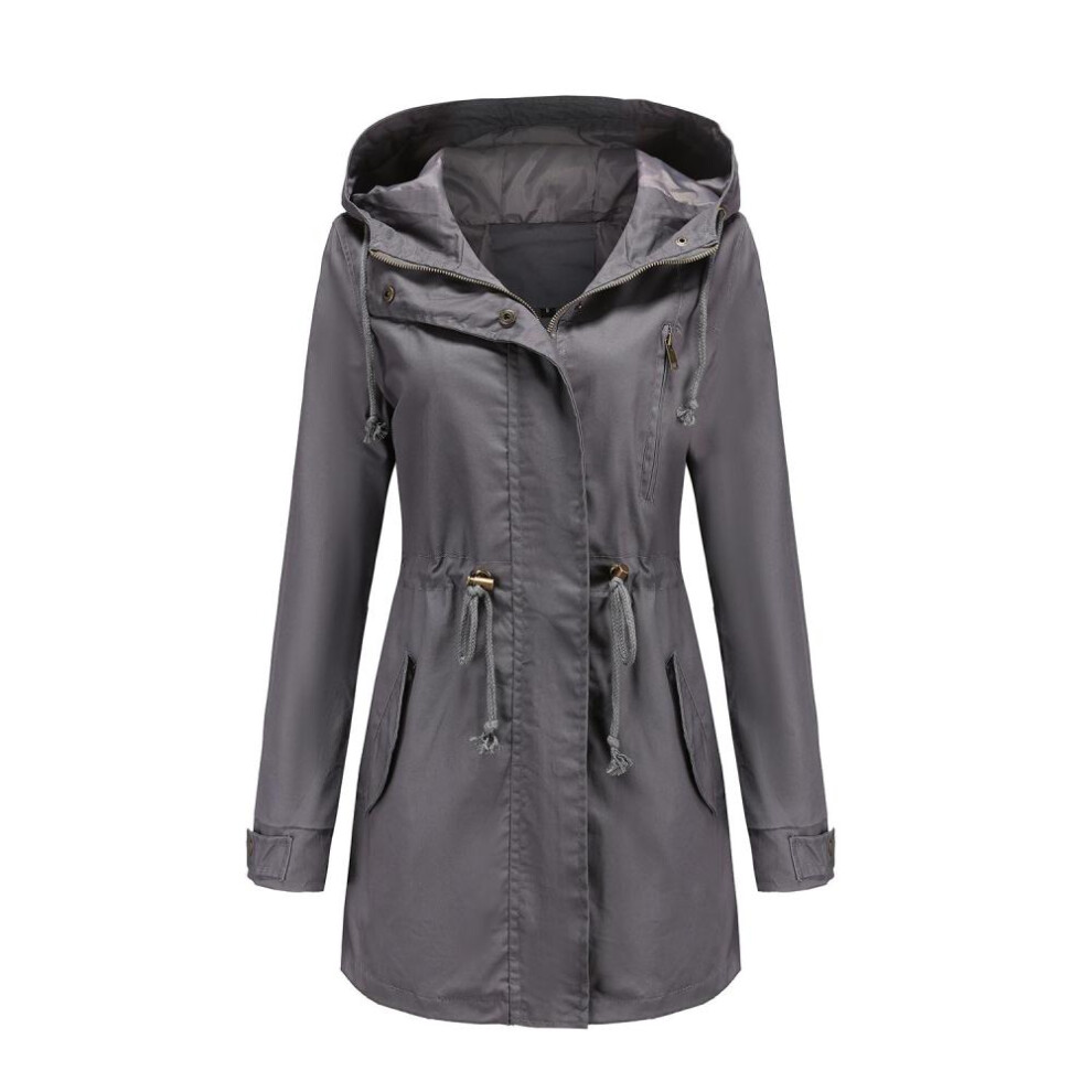 (grey, XL) Women's Trench Coat Cotton Solid Color Hooded Zipper Windproof Long Jacket Drawstring Outdoor Hiking Windcheater Spring Autumn Winter Outwear