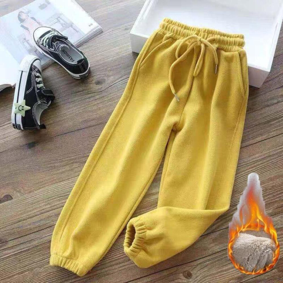 (yellow, S) 2022 Fashion Women Winter Warm Long Pants Fleece Thick Leggins Solid Plus Size Elastic Lace-up Casual Sweatpants Harem Pants Casual Pants