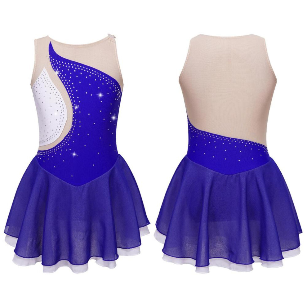(royal blue, 10-12 Years) Ballet Dance Dress Child Girls Rhinestone Mesh Skirted Gymnastic Leotard Performance Figure Ice Skating Dress Dancewear
