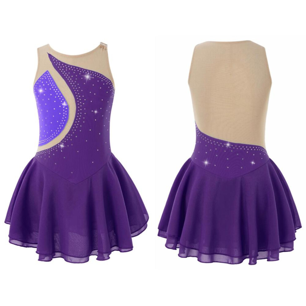 (purple, 12-14 Years) Ballet Dance Dress Child Girls Rhinestone Mesh Skirted Gymnastic Leotard Performance Figure Ice Skating Dress Dancewear
