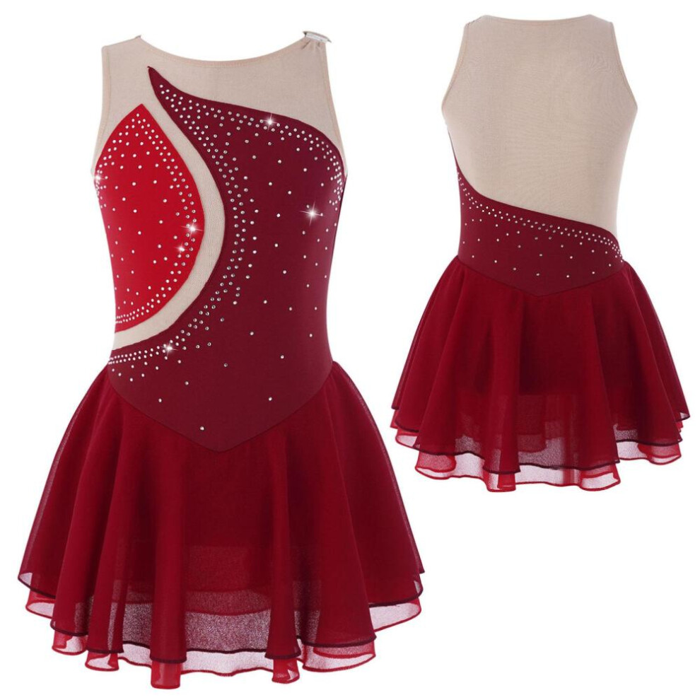 (red, 7-8 Years) Ballet Dance Dress Child Girls Rhinestone Mesh Skirted Gymnastic Leotard Performance Figure Ice Skating Dress Dancewear