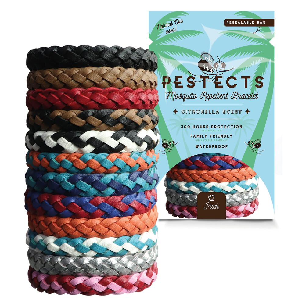 Pestects Mosquito Repellent Bracelet 12 Pack, Adjustable Leather Deet-free Natural Insect Mosquito Bands For Adults