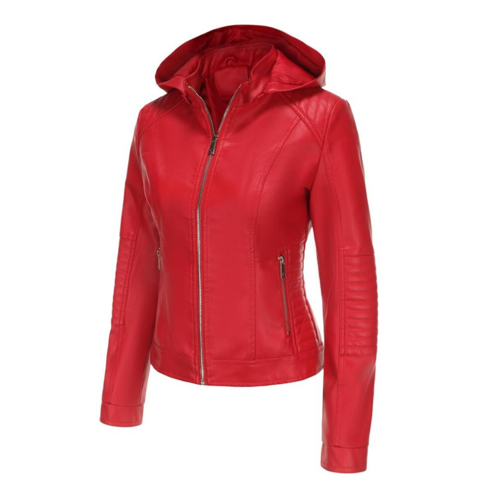 (red, S) Women's Bomber Jackets Faux Leather Removable Hooded Short Coats Slim Pu Motorcycle Biker Outwear Spring Autumn Casual Wear