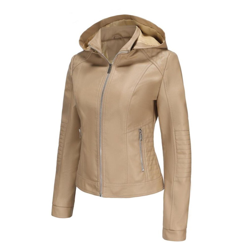 (khaki, 3XL) Women’s Bomber Jackets Faux Leather Removable Hooded Short Coats Slim PU Motorcycle Biker Outwear Spring Autumn Casual Wear