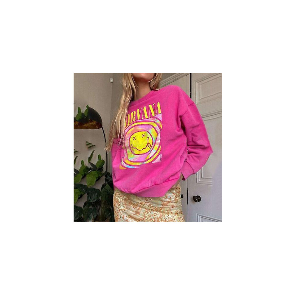 (, S) Nirvana Smiley Face Crewneck Sweatshirt Heliconia Color Nirvana Sweatshirt Pink