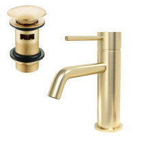 Nes Home Modern Deck Mounted Brushed Brass Round Single Lever Basin Mono Mixer Tap + Waste
