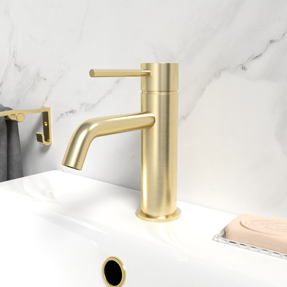 Modern Deck Mounted Brushed Brass Round Single Lever Basin Mono Mixer Tap