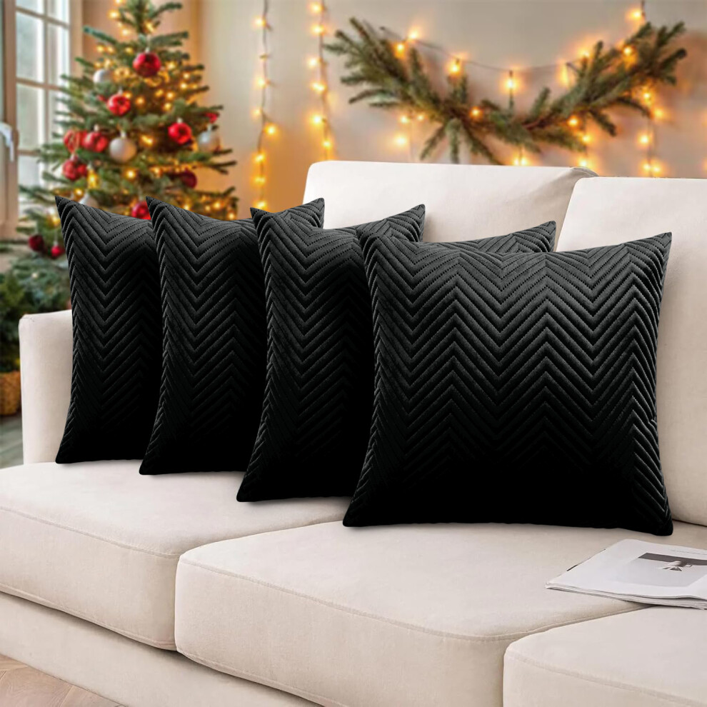 (4 Embossed Cushion Cover Black) 4 Velvet Cushion Cover Home Decor Sofa Bed & Chair