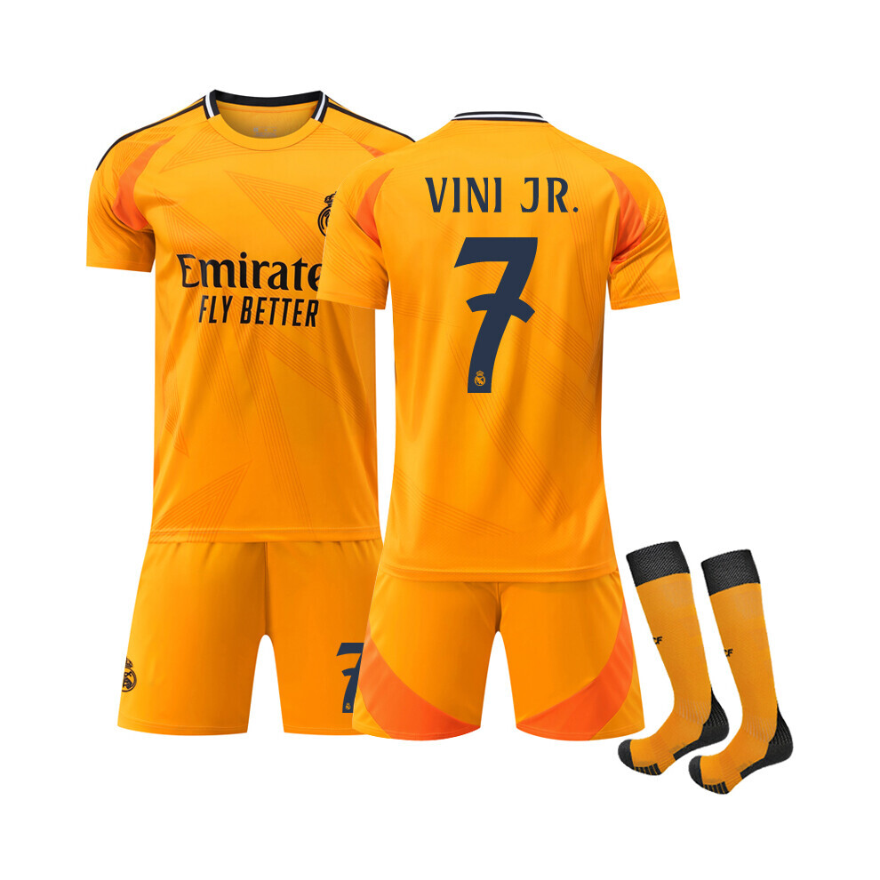 (22(3.9-4.3FT)) 24-25 Real Madrid Away Orange Football Jersey VINI JR. Jersey with socks, suitable for children