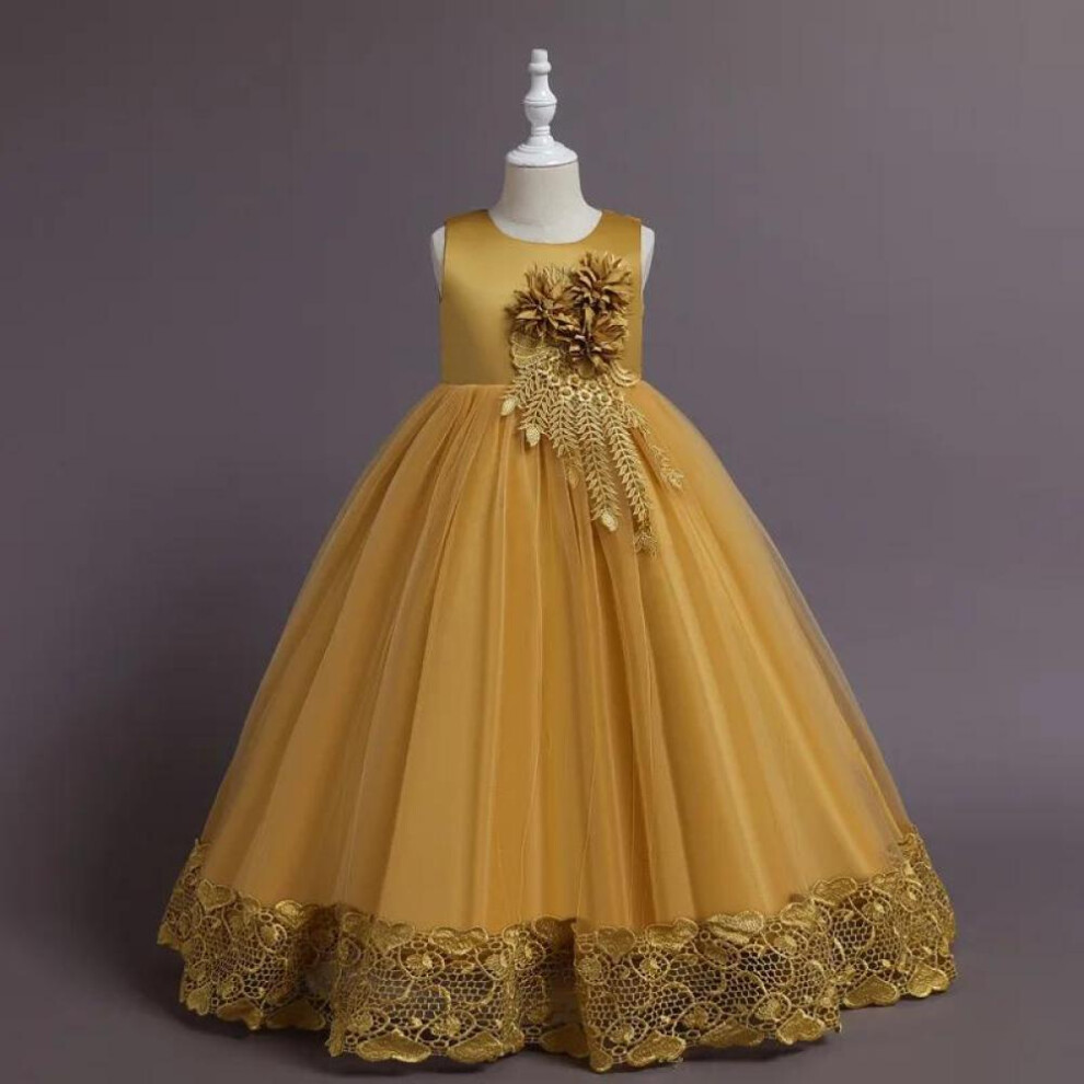 (yellow, 150 (9-10T)) 2024 Summer Tulle Flower Girls Dress For Wedding Party Child Princess Pageant Long Gown Kids Dresses For Girls Formal Evening Clothes