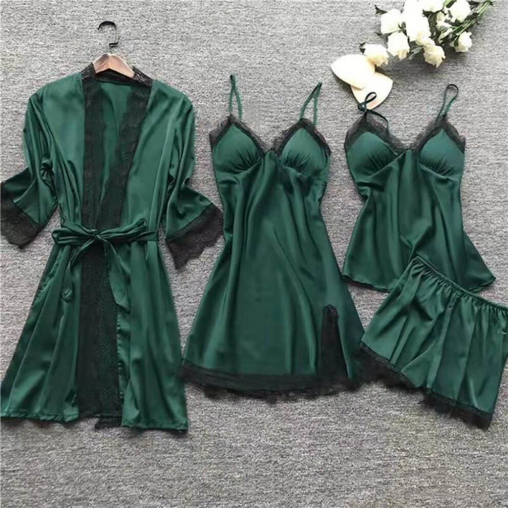(green, XXL) Women Cami Shorts Nightgowns Pyamas Set Of Satin Fabric Breathable Pajamas Set With Robes 5 Pcs Pajamas Set Sleepwear Lounge Wear Nightgowns