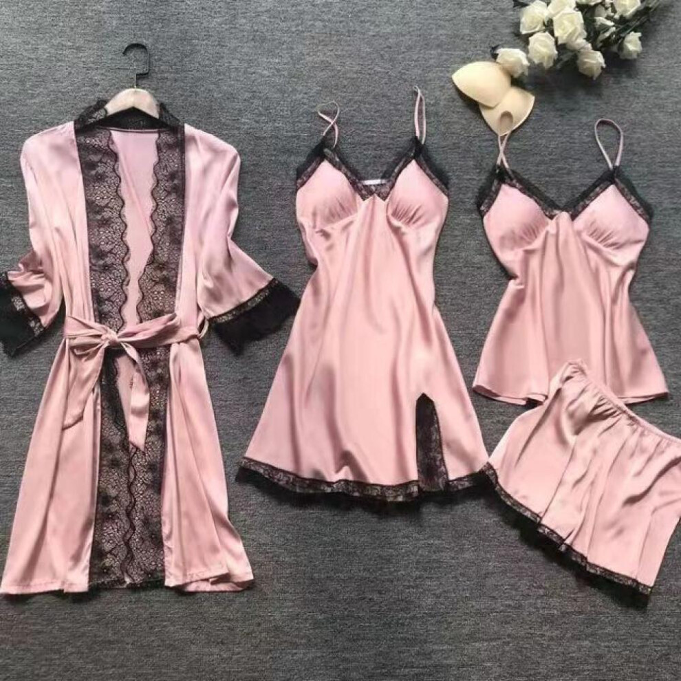 (pink, XXXL) Women Cami Shorts Nightgowns Pyamas Set Of Satin Fabric Breathable Pajamas Set With Robes 5 Pcs Pajamas Set Sleepwear Lounge Wear Nightgowns