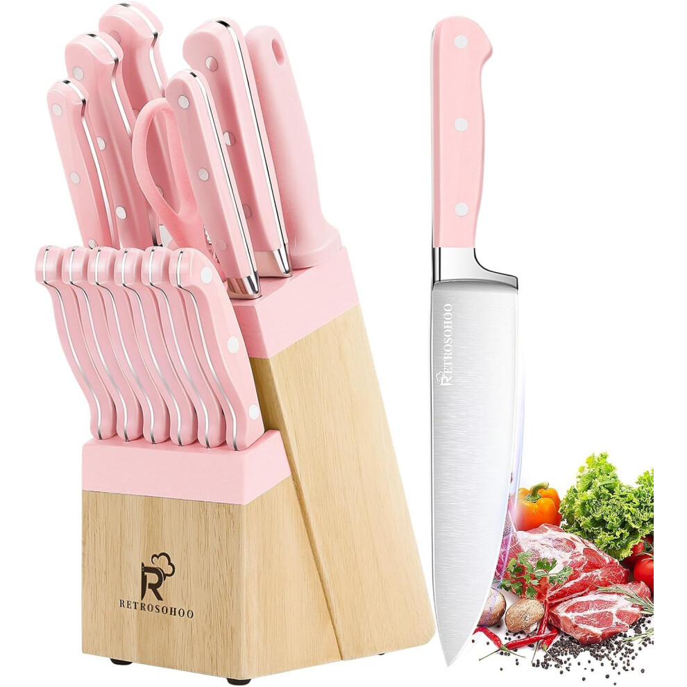 Kitchen Knife Set,14-Pieces High Carbon Stainless Steel Knife Block Set with Wood Block,Cutlery Block Knife Set