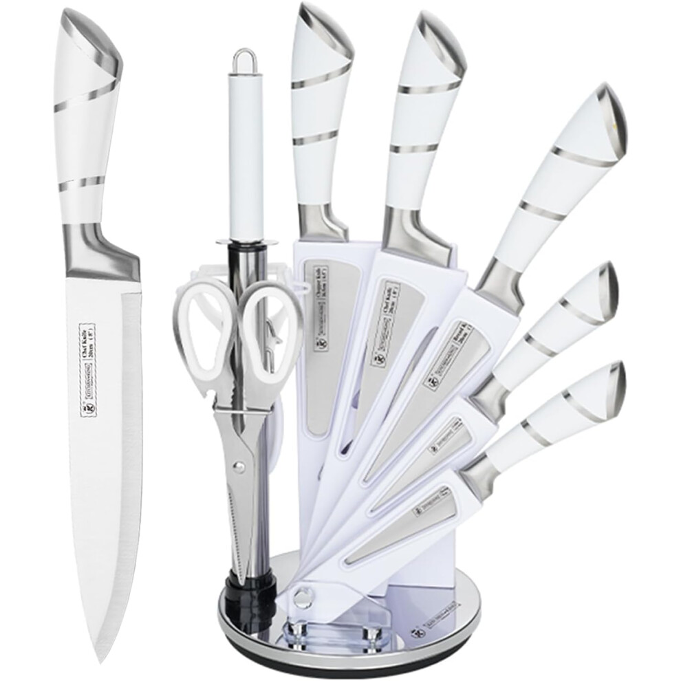 (White) Kitchen Knife Set, 9 Piece Professional Kitchen Set with 360 Degree Rotating Acrylic Stand, Knife Set with Block