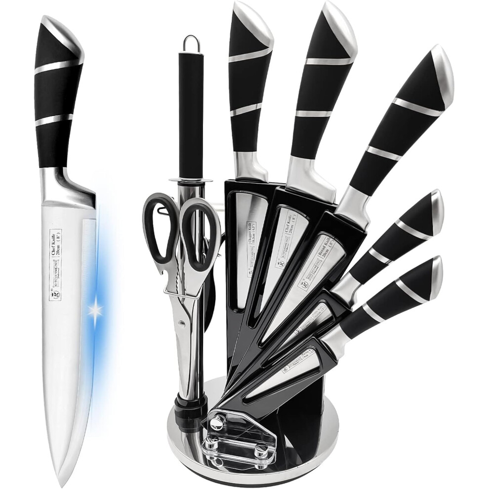 (Black) Kitchen Knife Set, 9 Piece Professional Kitchen Set with 360 Degree Rotating Acrylic Stand, Knife Set with Block