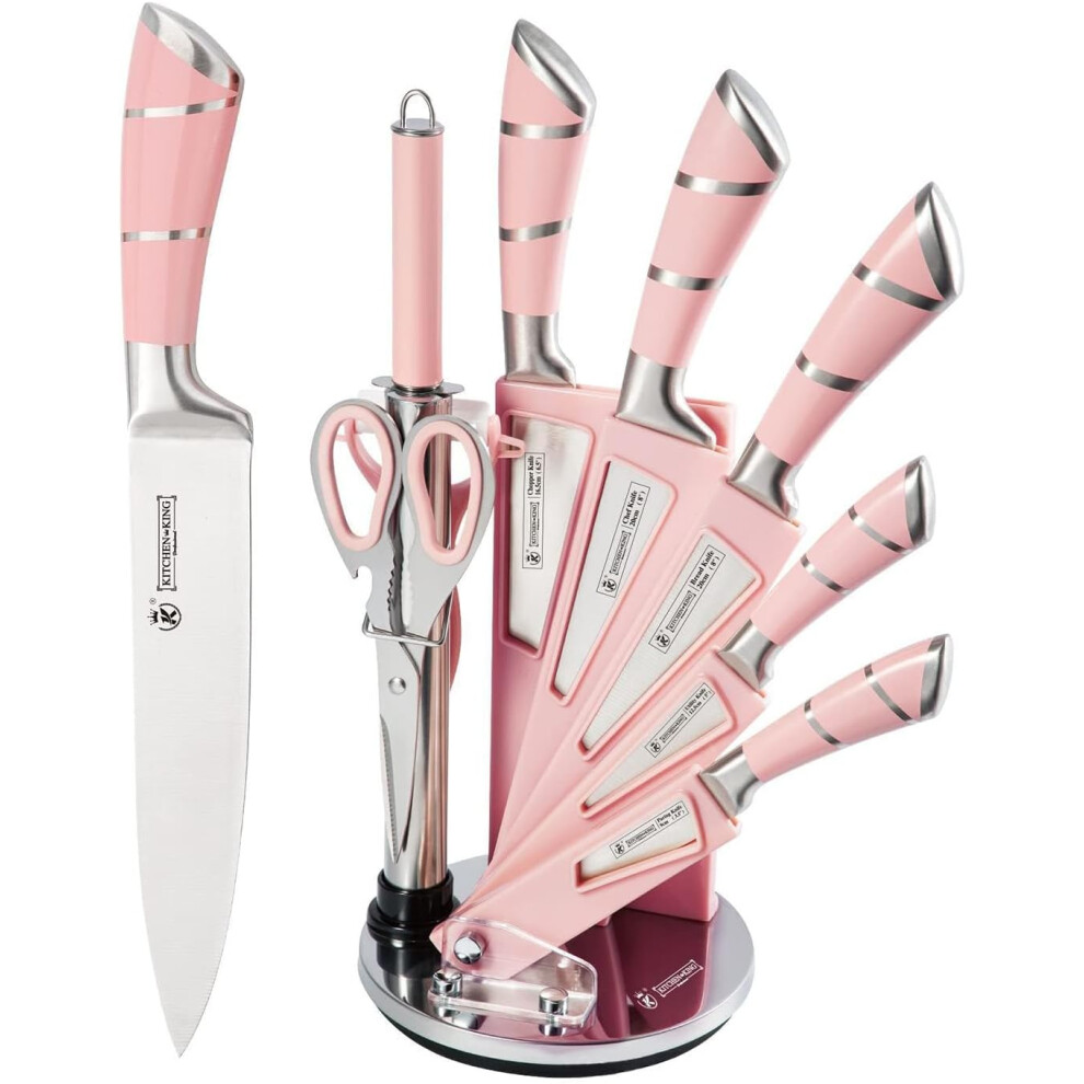 (Pink) Kitchen Knife Set, 9 Piece Professional Kitchen Set with 360 Degree Rotating Acrylic Stand, Knife Set with Block