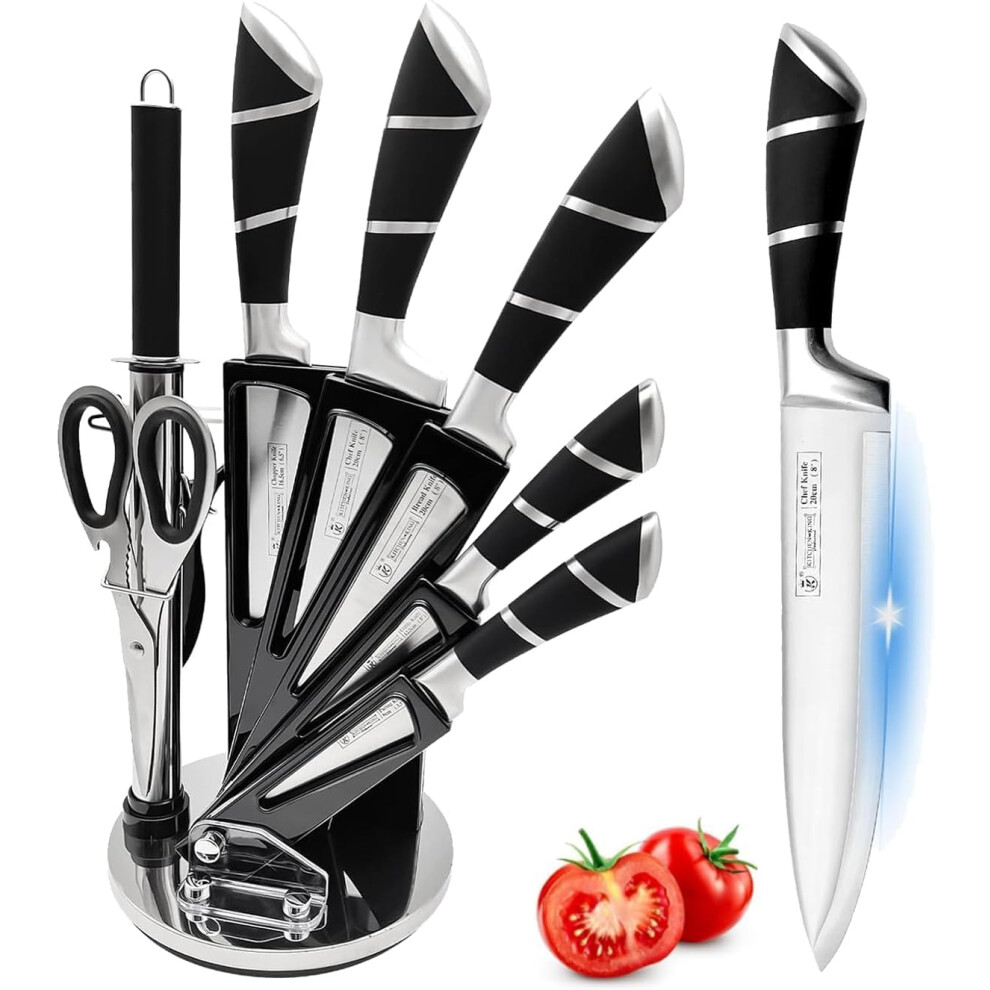 Kitchen Knife Sets, 9 Pieces Black Chef Knives Block Set With Acrylic Block, Sharp Non-Stick Coated Stainless Steel Knife Set With Sharpener