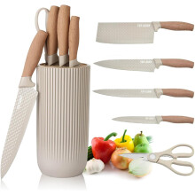 (Khaki) Kitchen Knife Set, 6-Pieces Khaki Sharp Knife Set for Kitchen, Non-Stick Non-Slip Stainless Steel Chef Knife Set with Universal Knife Block Suitable