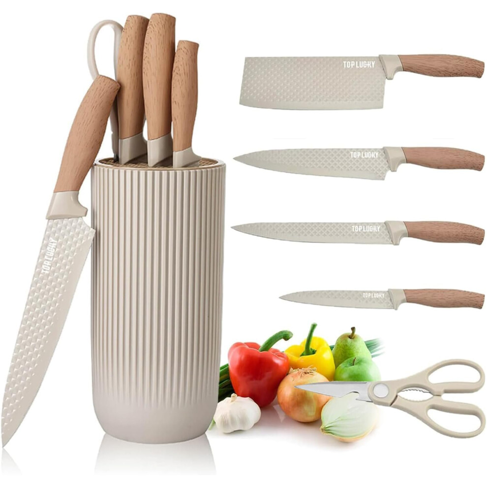 (Khaki) Kitchen Knife Set, 6-Pieces Khaki Sharp Knife Set for Kitchen, Non-Stick Non-Slip Stainless Steel Chef Knife Set with Universal Knife Block Su