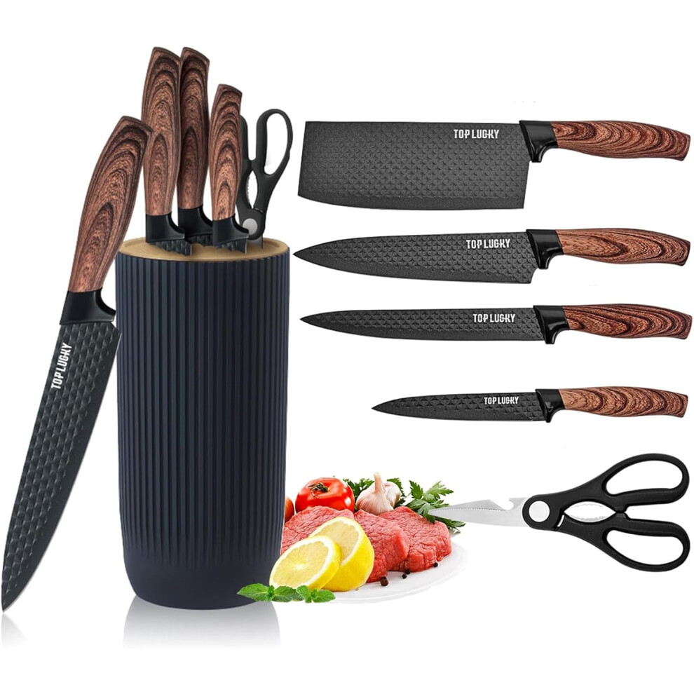 (Black) Kitchen Knife Set, 6-Pieces Khaki Sharp Knife Set for Kitchen, Non-Stick Non-Slip Stainless Steel Chef Knife Set with Universal Knife Block Su