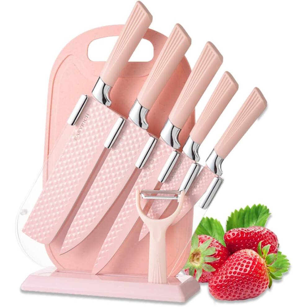 (Pink) 8-Piece Pink Knife Set with Block, High Carbon Stainless Steel Ultra Sharp Blade, Professional Chef Knife Set with Ergonomic Handle