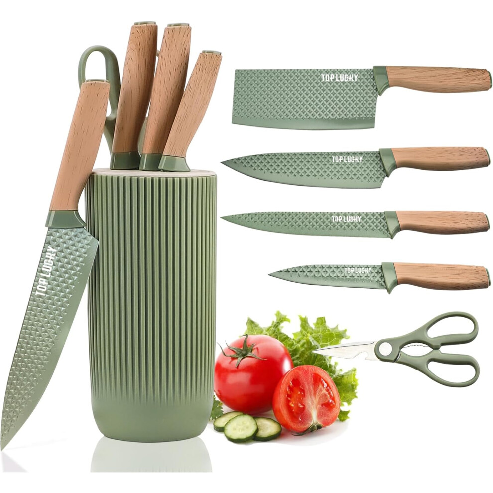 (Green) Kitchen Knife Set, 6-Pieces Khaki Sharp Knife Set for Kitchen, Non-Stick Non-Slip Stainless Steel Chef Knife Set with Universal Knife Block Su