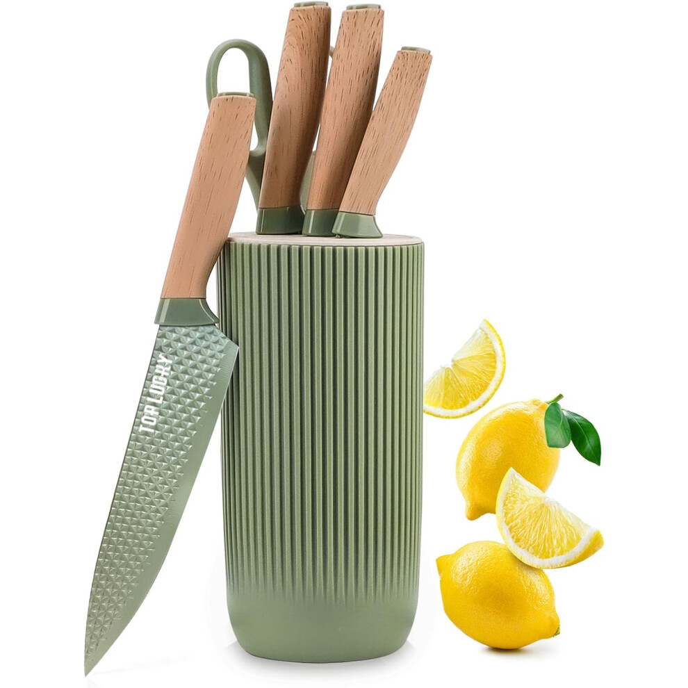 (Green) Kitchen Knives Block Set, 6-Piece Chef Knife Set with Sharp Blades,Non-stick Stainless Steel Knife Block Set