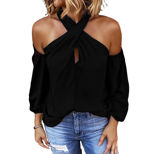 (S, Black) Womens Halter Neck Cold Shoulder Tops
